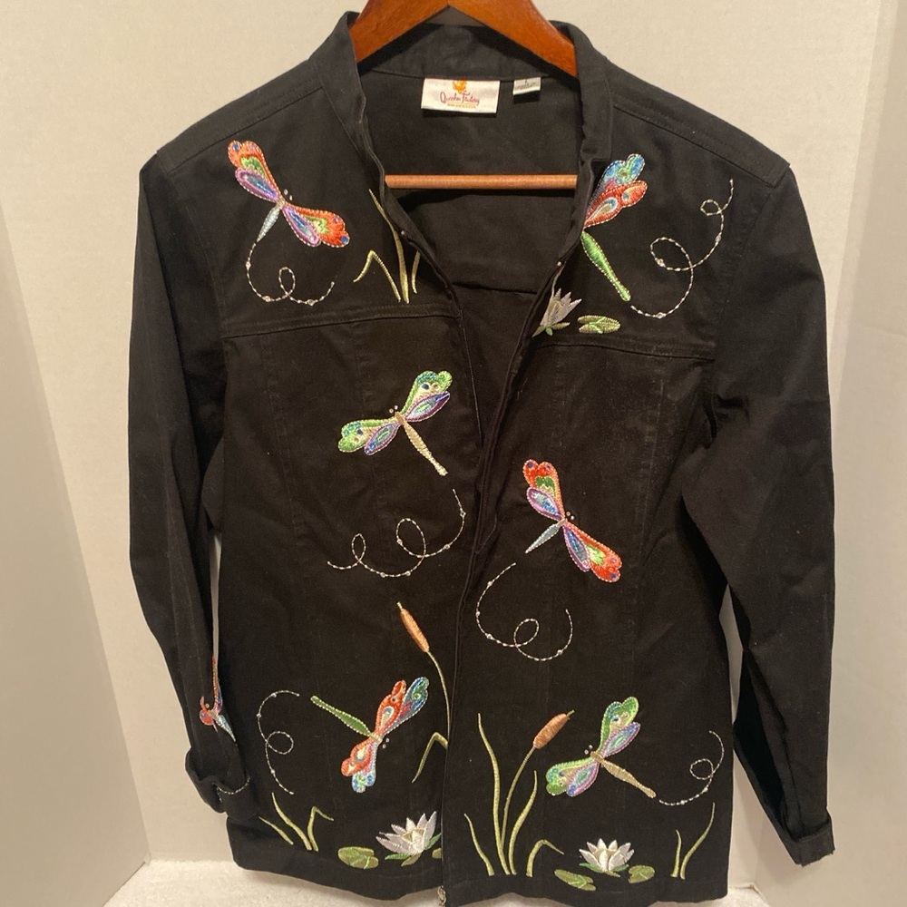Quacker Factory Black Blazer with Colorful Dragonfly Embroidery
